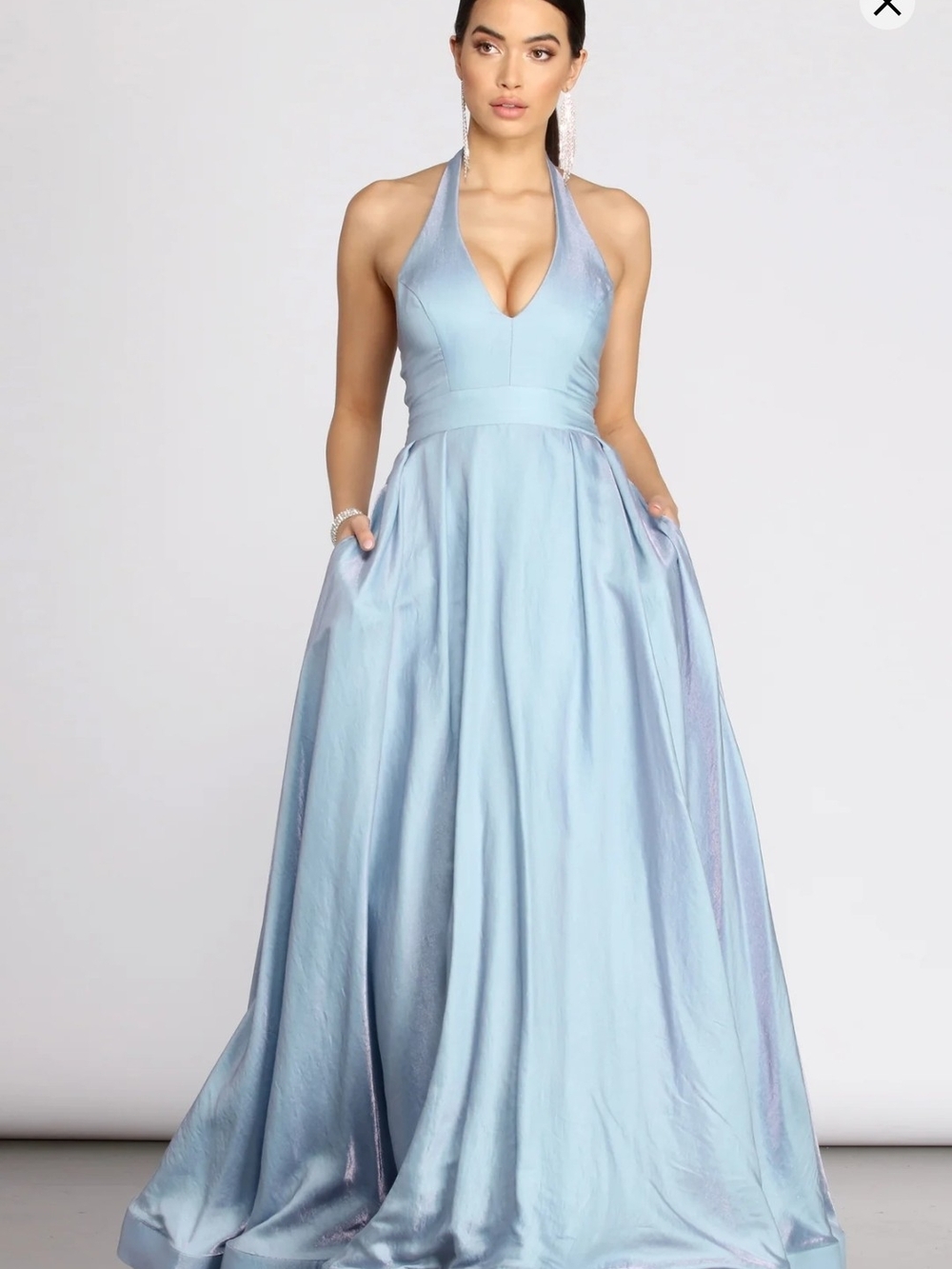 Windsor Light Blue Halter Satin Prom Gown